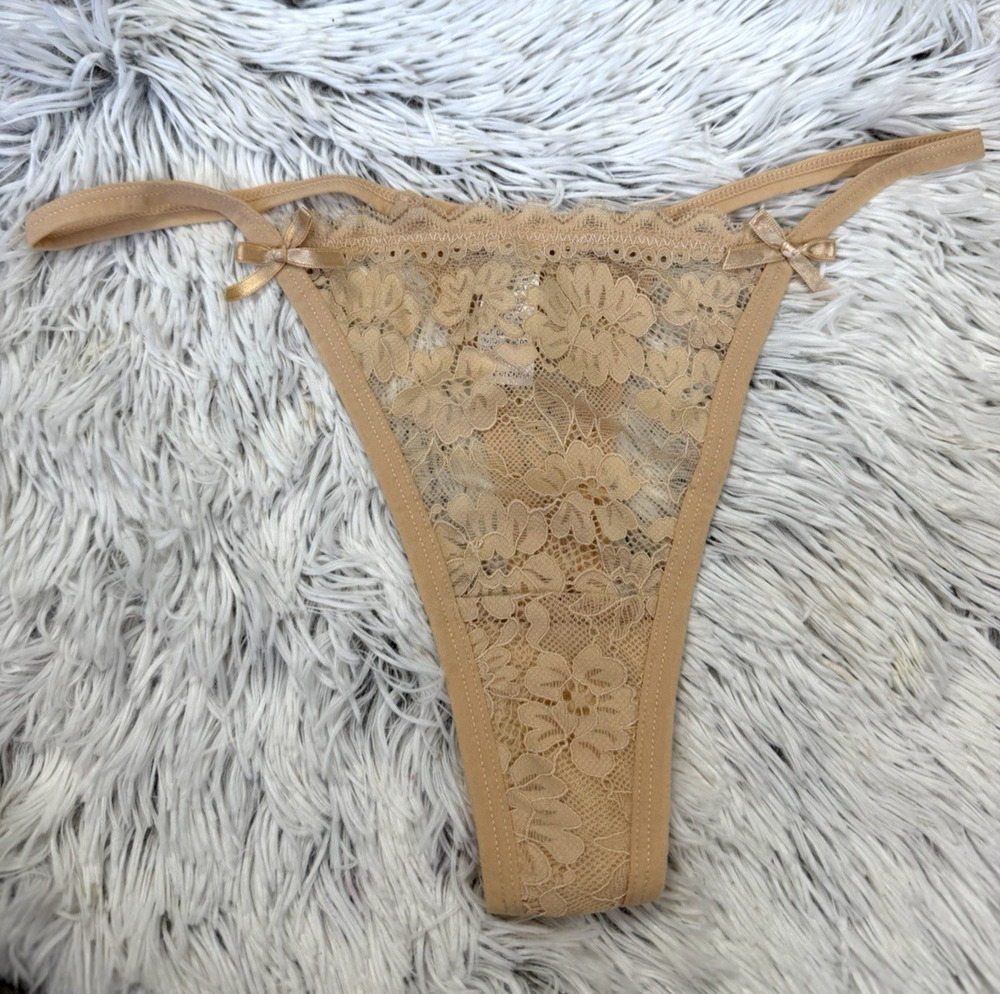 Women's Lace Sz Small Thong String Panties floral brown Underwear w/ Bows